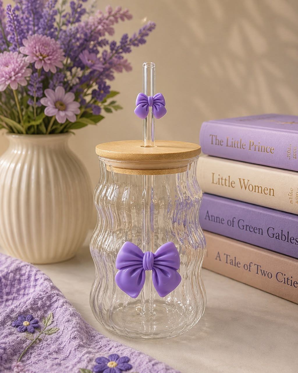 Elegant Bowknot Glass Cup with lid and straw