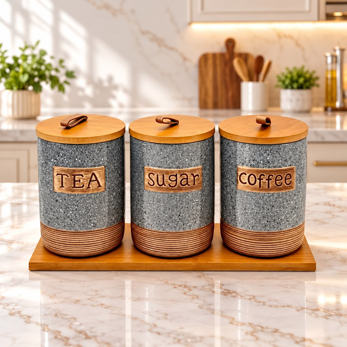 Imported Ceramic Tea, Coffee & Sugar Storage Jars with Wooden Stand