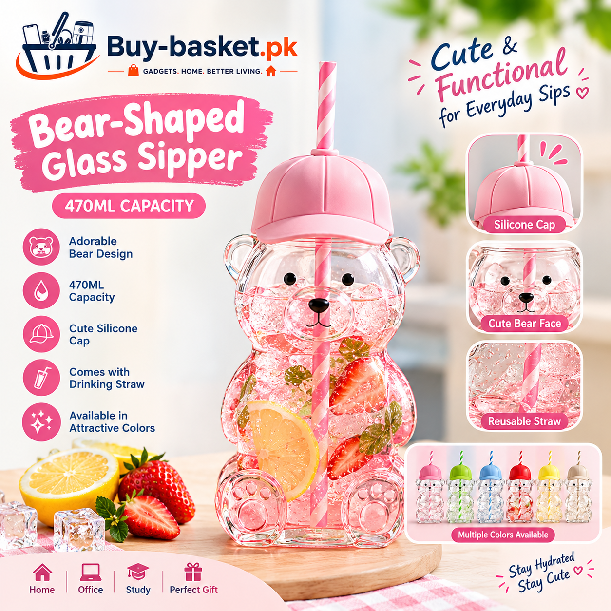 Cute Bear-Shaped Glass Sipper – 470ML – BUY-BASKET