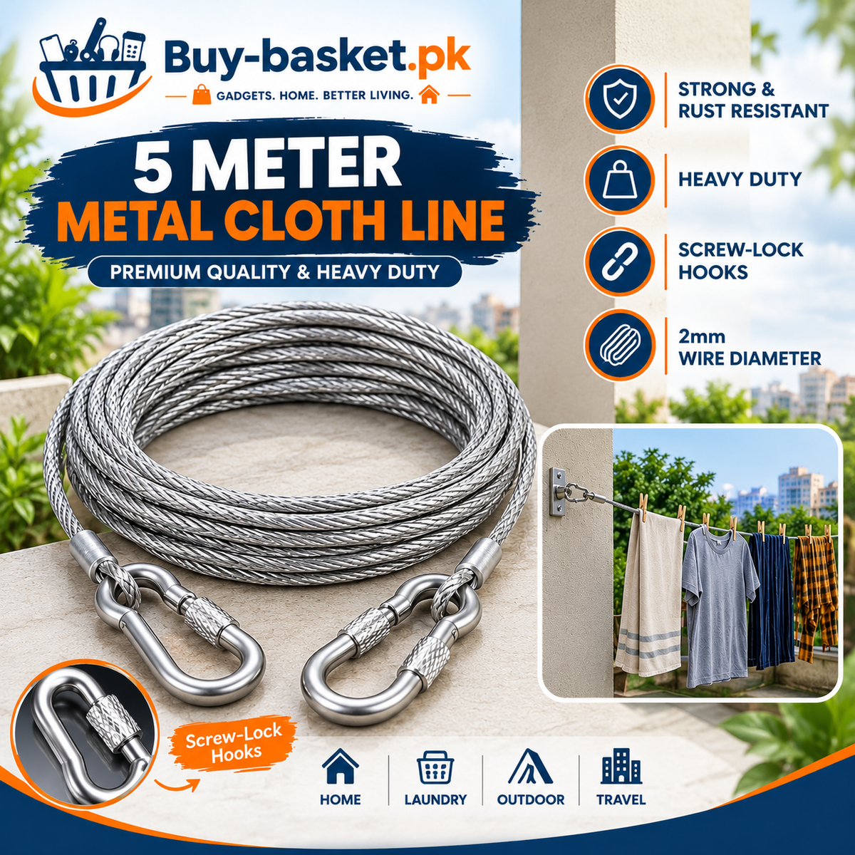 5 Meter Heavy-Duty Metal Cloth Line – Rust Resistant