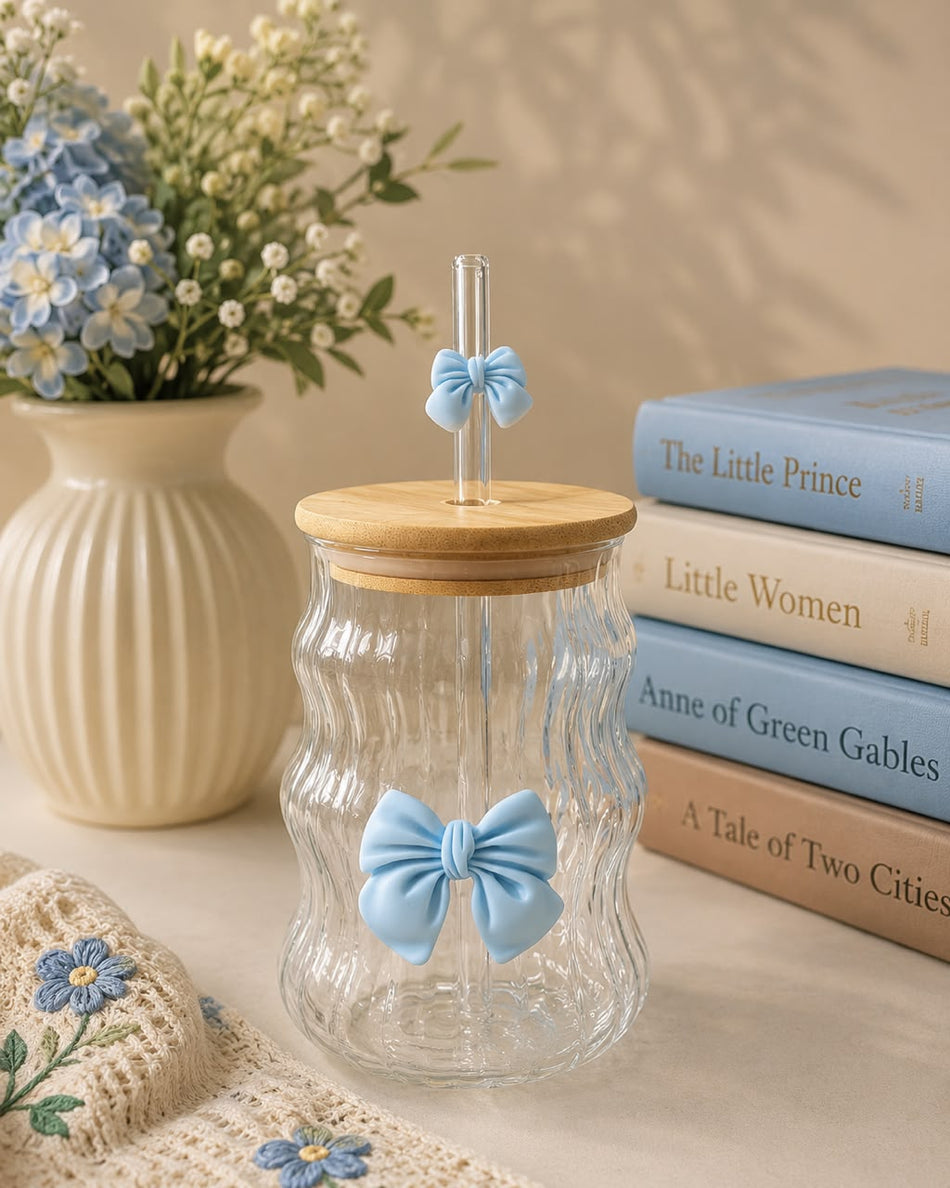 Elegant Bowknot Glass Cup with lid and straw