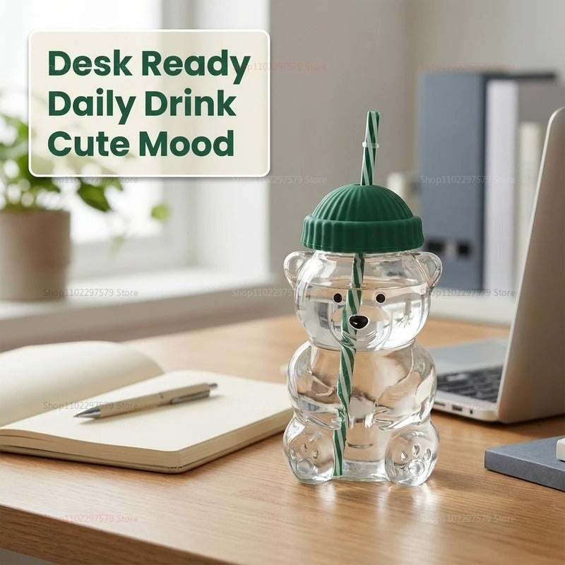 Bear Shaped Glass Tumbler with Lid & Straw