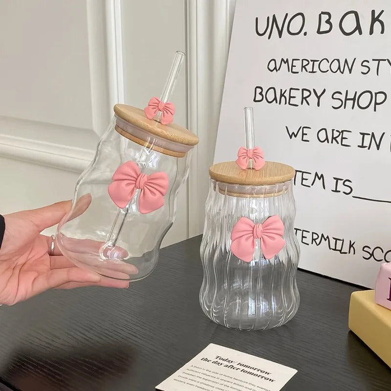 Elegant Bowknot Glass Cup with lid and straw