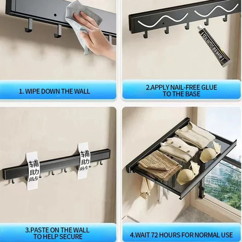 Space-Saving wall Mounted Cloth Drying  Rack With Hook