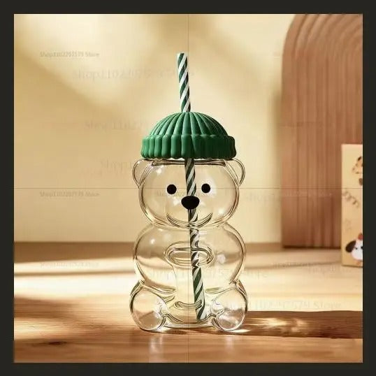 Bear Shaped Glass Tumbler with Lid & Straw